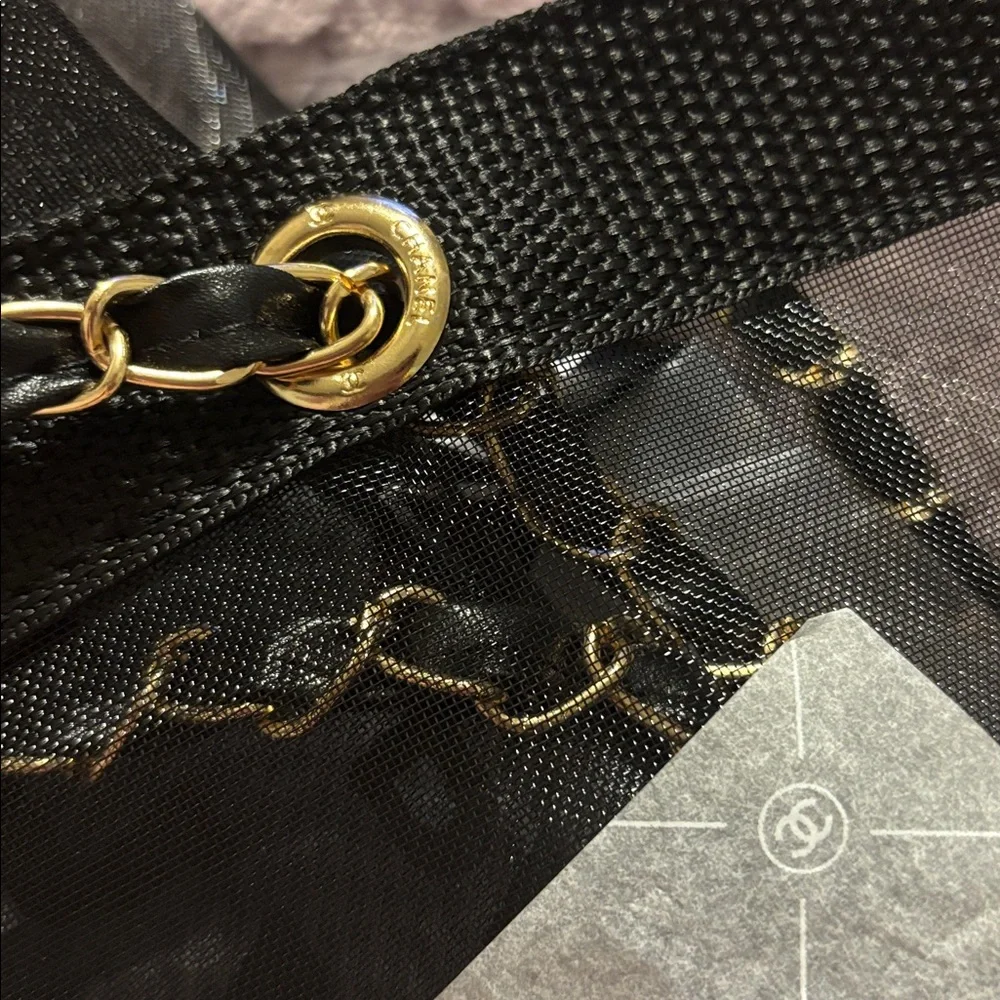 CHANEL Black Mesh Paris Tote with Matching Cosmetic Pouch